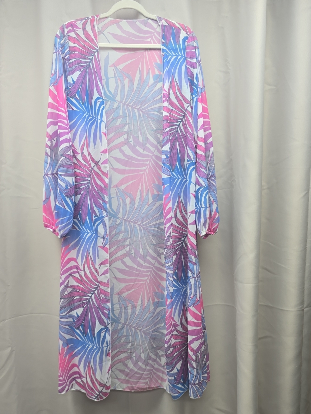 Sheer Tropical Leaf Maxi Kimono in Pink & Blue
